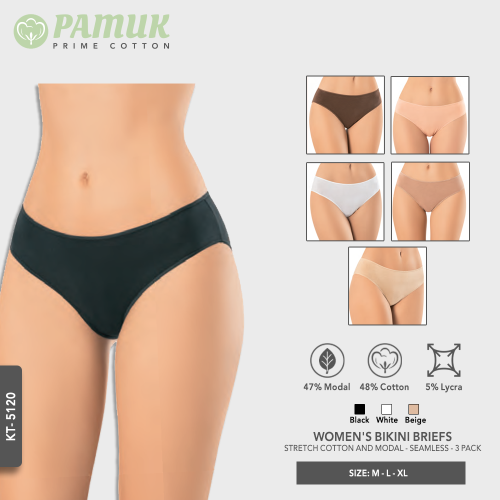 WOMEN'S BIKINI BRIEFS - STRETCH COTTON AND MODAL - SEAMLESS - 3 PACK (KT-5120)