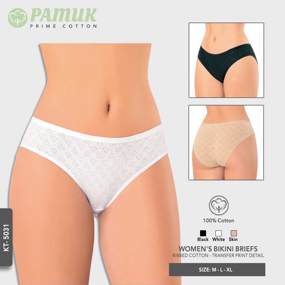 WOMEN'S BIKINI BRIEFS - RIBBED COTTON - TRANSFER PRINT DETAIL (KT-5031)